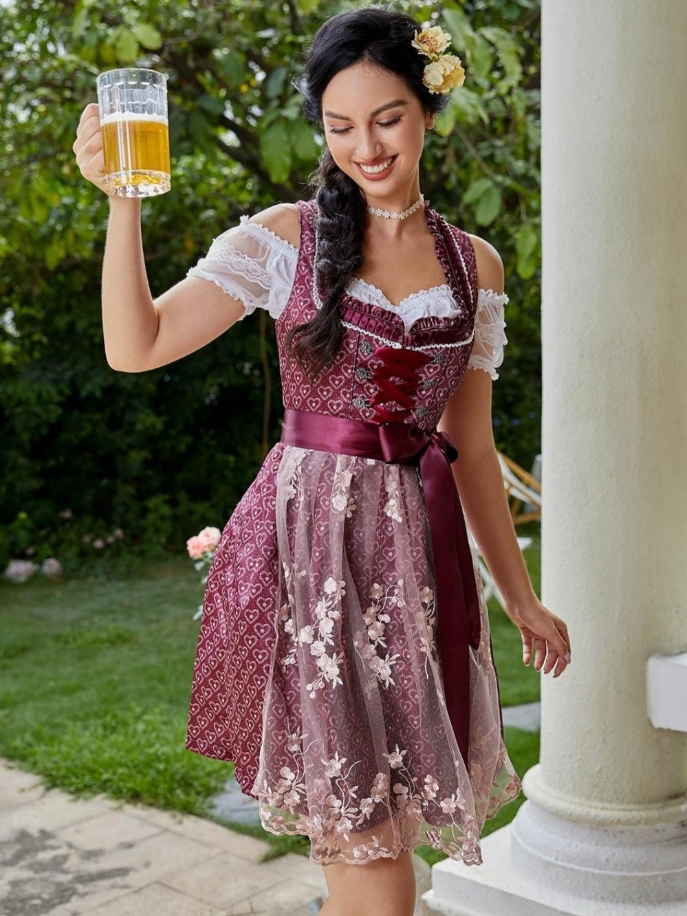 Burgundy Women's Lace-Trim Dirndl Dress with Satin Sash